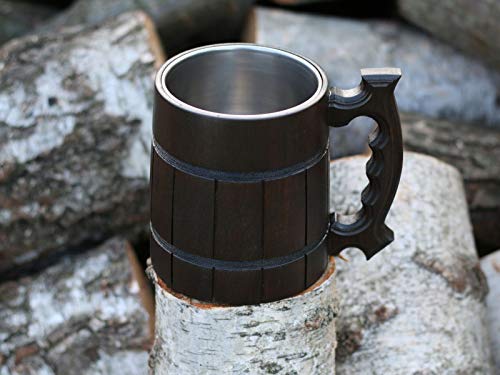 Etno Motif Wooden Beer Mug with Metal Insert - 30 oz Capacity. Wooden Beer Mug with Metal Insert - Great Gift for Dad on His Special Day!