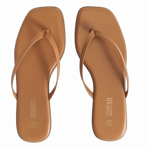 Image of Rihero Flip Flops for Women Comfortable Square Toe Beach Sandals Slip On Leather Thong Flat Sandals Dressy