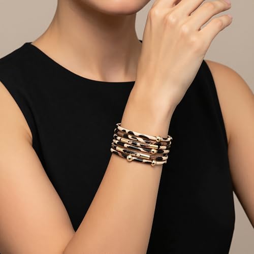 Fesciory Leopard Bracelet for Women, Boho Leather Wrap Multi-Layer Pearl Crystal Bracelet Bangle Jewelry - Image 4