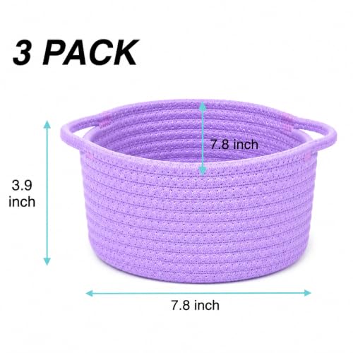 Image of Small Woven Cotton Rope Baskets with Handle, Set of 3, Purple | Boho Round Design, Bathroom Organizer, Safe for Kids & Pets, Chemical-Free Cotton, Multi-Room Storage