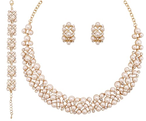 3PCS Wedding Bridal Artificial Pearl Crystal Necklace Drop Earring Bracelet Brides Party Costume Jewelry Set for Women
