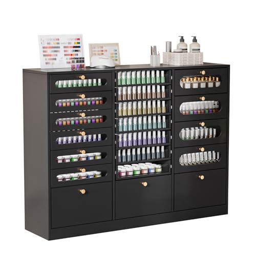 OmySalon Nail Polish Organizer Cabinet with Drawers 47.2 L Large Nail Salon Storage for Polish & Powder 7 Clear & 10 Visual Drawers Wooden Beauty Salon Furniture (Black)