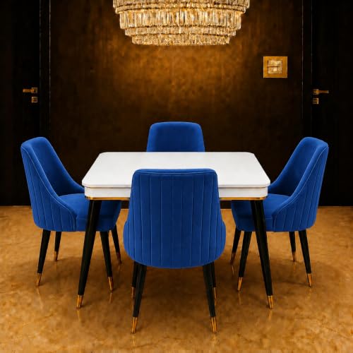 Image of WOODEN SPACE 4 Seater Wooden Dining Table Set | Urban Marble Top Dining Table with Chairs for Dining Room & Kitchen (Modern Infinity Backline Navy Blue) (42 x 42 x 30 inch)