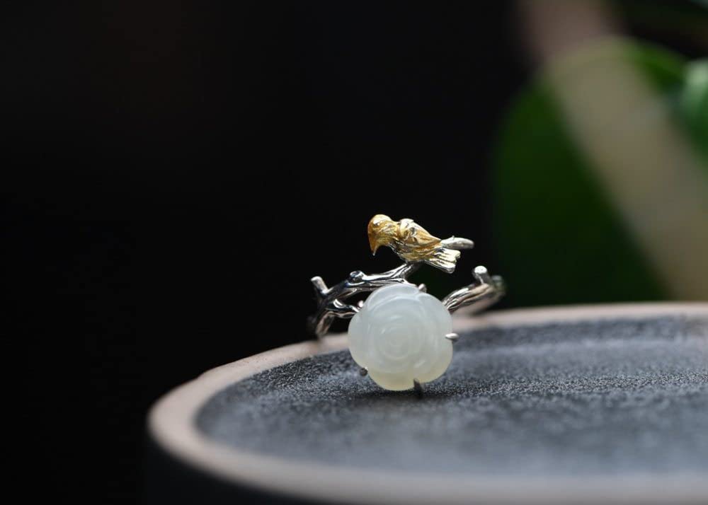 Anello in Argento 925 da Donna,Anelli Regolabili Placcato Oro Uccello Hetian Giada Rosa Fiore S925 Ramoscelli in Argento Sterling Anello Dito Indice di Fascino Gioielli Regali per Uomini Ragazze sig