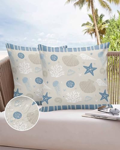 Boanket Outdoor Pillow Covers 18 x 18 Inches, Light Blue Coastal Waterproof Throw Pillow Cover Set of 2, Home Decorative Square Cushion Covers for Patio/Tent/Couch/Garden