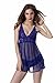 Barelove Women Babydoll V-neck Lace Mesh Chemise Sleepwear Sexy Open Back Lingerie Set (X-Large, Blue)