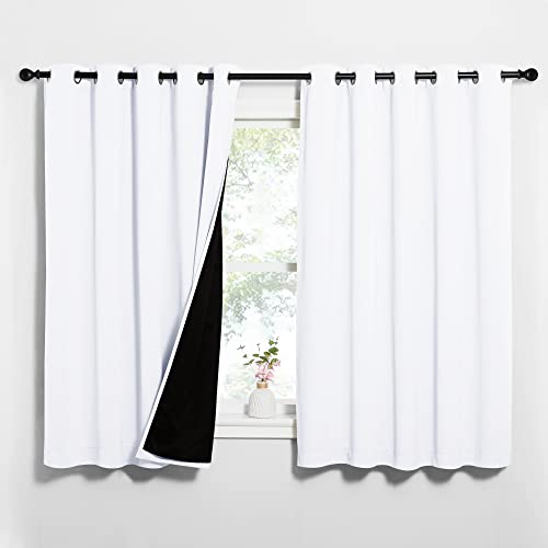 Image of NICETOWN White 100% Blackout Lined Curtains, 2 Thick Layers Completely Blackout Window Treatment Thermal Insulated Drapes for Kitchen /Bedroom (1 Pair, 62 inches Width x 63 inches Length Each Panel)