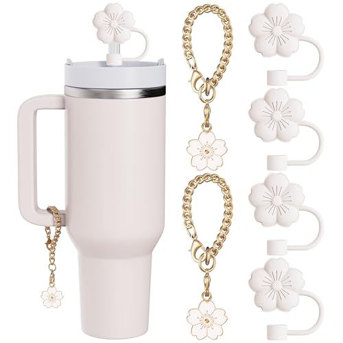 6 Pcs Set Compatible with Stanley Cup Accessories, 4 White Flower Straw Toppers Compatible with Stanley Straw Cover 9-10 mm, 2 Cute Flower Charms for Tumbler with Handle
