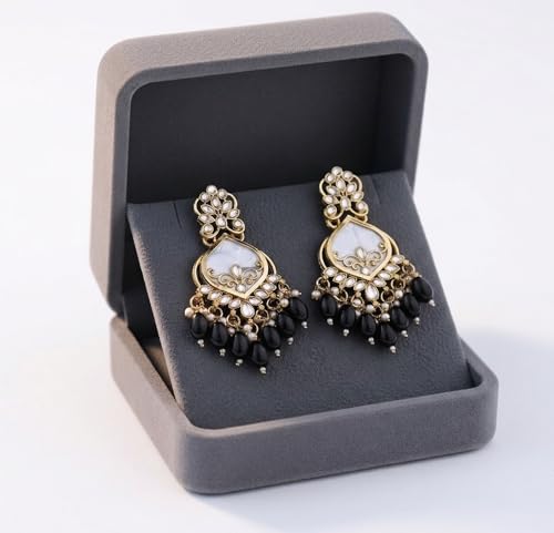 Image of Traditional 20K Gold Plated Kundan Chandbali Earrings with Black Beads and Faux Pearls for Women - Ethnic Wedding & Partyy Wear Statement Jewelry