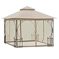 Outsunny 10' x 10' Patio Gazebo, Double Roof Outdoor Gazebo Canopy Shelter with Netting, Steel Corner Frame for Garden, Lawn, Backyard and Deck, Beige