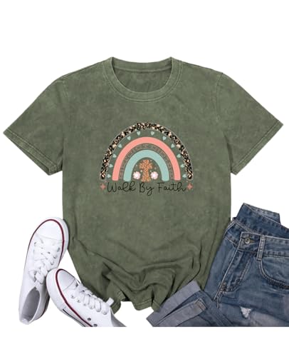 Qrupoad Walk by Faith Shirt for Women Christian Jesus Faith Cross Inspirational Shirts Causal Graphic Tees for Religious Gift