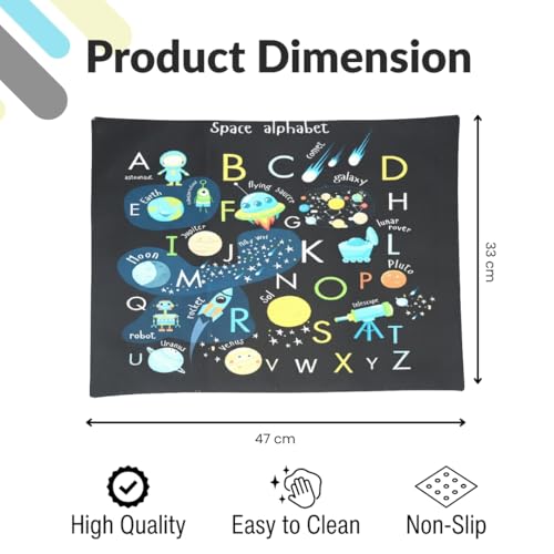Image of Dining Cloth Table Mats Set of 4 - Alphabet Kids Theme,Digital Print, Washable, Indoor /Outdoor, Heat-Proof, Water Resistant, Wipe & Clean (47X33 cm) Black