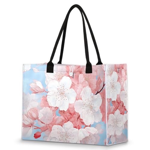 White Peach Blossom Flower Tote Bag for Women Large Beach Bag Reusable Tote Bags for Work Travel Beach Shopping