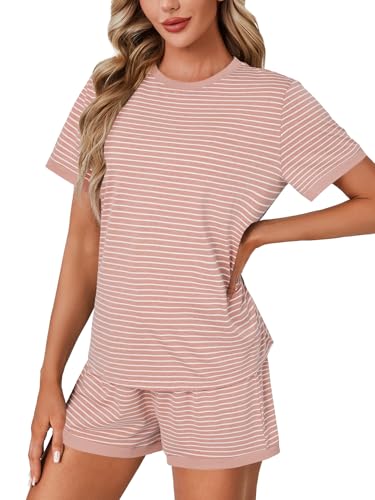 Image of LYANER Pajama Set for Women 2 Piece Lounge Set Striped Crew neck Short Sleeve Tops and Shorts Soft Sleepwear