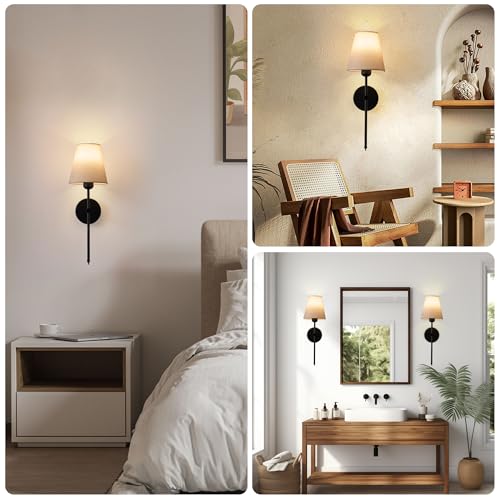 Image of Battery Operated Wall Sconces Set of 2-70H Rechargeable Detachable Bulbs with Stepless Dimming Remote, Wireless Wall Lamps Sconces for Hallway Living Room Bedroom Decor (Black 2-Pack)