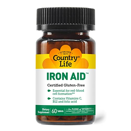 Country Life Iron Aid, Essential For Red-Blood Cell Formation, 60 Tablets, Certified Gluten Free, Certified Vegan, Certified Halal #TOP7