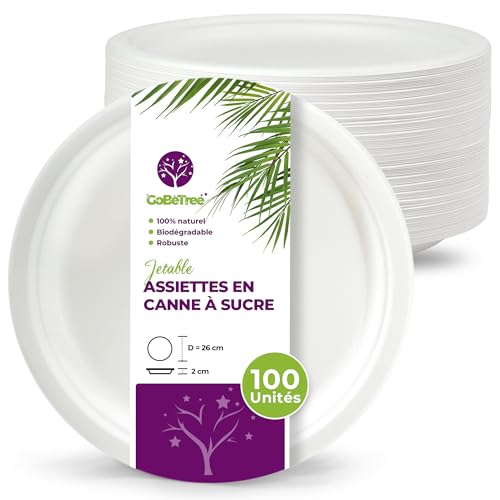 GoBeTree 100 assiettes jetables rondes en bagasse de canne à sucre blanches de 26 cm. Assiettes en papier jetables extra-résistantes, pour camping, pique-niques, fêtes, barbecues, anniversaires
