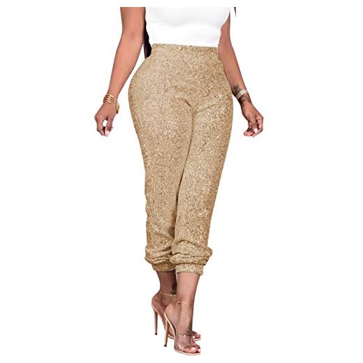 Women's Fashion Sequins Casual Long Pencil Pants Trousers Clubwear Festival Glitter High Waisted Bodycon Plus Size S Golden
