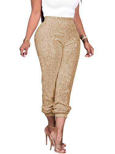 Fawjsais Women Sexy Glitter Sequin Pants High Waist Leggings Evening Party Clubwear