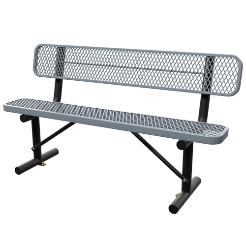 6 Feet Steel Park Bench for Outside, Outdoor Bench with Backrest & Portable Frame, Commercial Benches for Shopping Malls, Stores, Parks, Patios, Decks, Grey