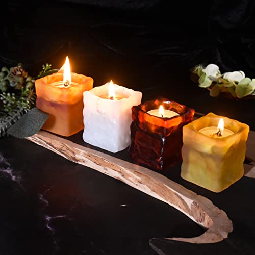 Tealight Candle Holder Set Of 4 - Vintage Tea Lights Candle Holders With Gift Package, Rustic Frosted Square Decorative Tea Light Holders For Cozy Home Decor, Housewarming Party & Wedding Centerpiece #TOP5