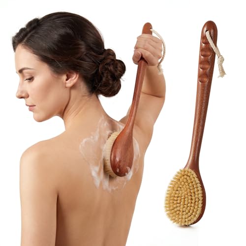 Dry Brushing Body Brush, 16Inch Long Handle Natural Back Scrubber for Shower for Lymphatic Drainage, Exfoliating & Cellulite - Wood Shower Brush for Men, Women & Elderly