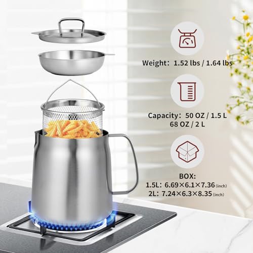 Image of 68oz 304 Stainless Steel Deep Fryer Pot with Basket & Strainer, Large Capacity Bacon Grease Container for Kitchen,Frying, Cooking, Camping,Oil Filter Container - Dishwasher Safe (68oz /2L /2.1Qt)