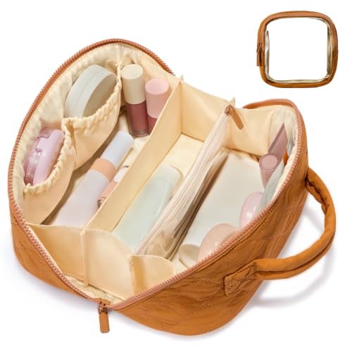 LOVEVOOK Travel Makeup Bag for Women, 2Pcs Puffer Waterproof Cosmetic Organizer, Large Capacity Pouch Open Flat Small Toiletry Bag with Brush Compartment & Handle, Portable Gift for Her