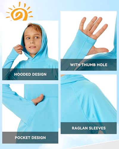 Image of Boys Rash Guard Long Sleeve Hoodie Swim Shirt with Pocket Youth Kids UPF 50+ Sun Protection Fishing Shirts Thumb Hole