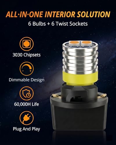Image of WLJH Yellow PC194 T10 LED Bulb with Twist-Lock Sockets for Dash Gauge | 3030 SMD, 200lm, PC194 PC168 PC195, Map, Dome, Trunk, Door, Vanity Mirror, Glove Box, Cluster Light, 6-Pack