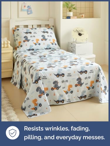 Image of Kids Twin Size Dinosaur Bed Sheets - 3 Piece Kids Dinosaur Sheet Set - Speedy Racecar Bedding - Ultra-Soft, Cute & Cozy - Breathable & Machine Washable - Dino Bed Set for Boys, Girls, Teens & Toddlers