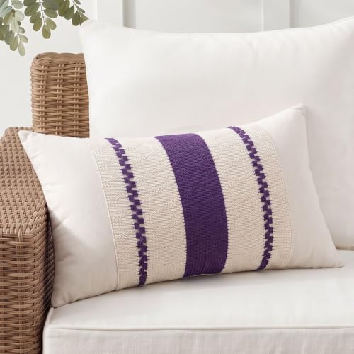 Fancy Homi Set of 1 Boho Purple Lumbar Decorative Throw Pillow Cover 12x20 Inch for Couch Bed Sofa Chair, Modern Organic Farmhouse Home Decor, Soft Cotton Cute Accent Rectangle Cushion Case