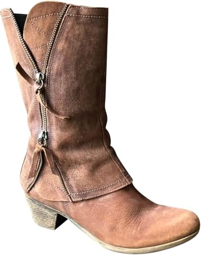 Western Cowgirl Chunky Mid-calf Boots for Women's Vintage Round Toe Side Zipper Block Mid Heel Motorcycle Boots Shoes