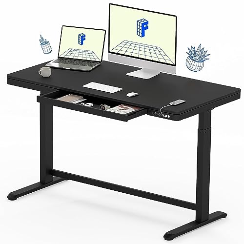FLEXISPOT Comhar Electric Standing Desk with Drawer Desktop & Adjustable Frame Quick Install w/USB Charge Ports, Child Lock (Black, Wood),48 inch