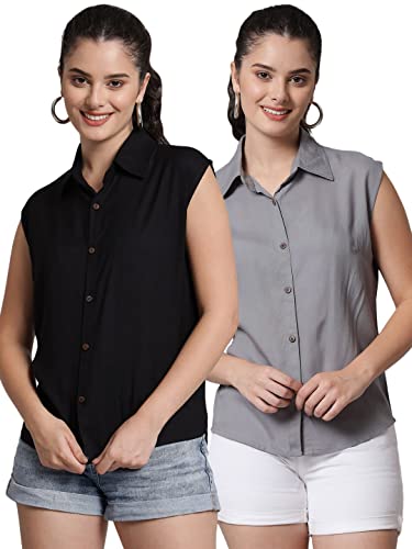 Image of FUNDAY FASHION Women's Rayon Blend Regular Fit Solid Casual Sleevesless Shirt (Pack of 2)