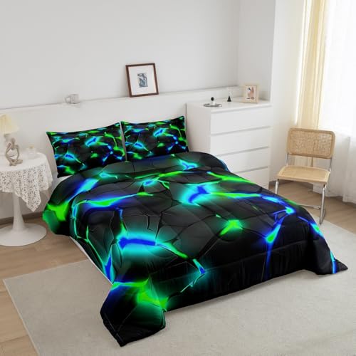 Image of Feelyou Kids Honeycomb Bedding Set King Size, Blue Green Hexagonal Duvet Insert Geometrical Comforter Set Boys Girls Teens Bedroom Decor Microfiber Bed Set