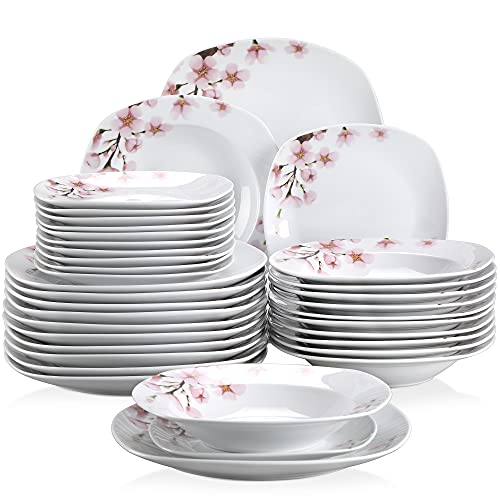 VEWEET ANNIE 36 Piezas Juego de Vajillas Elegantes de Porcelana para 12 Personas con 12 Platos Llanos, 12 Platos Hondos y 12 Platos de Postre, Blanco con Motivo Floral Rosa, Apto para Lavavajillas
