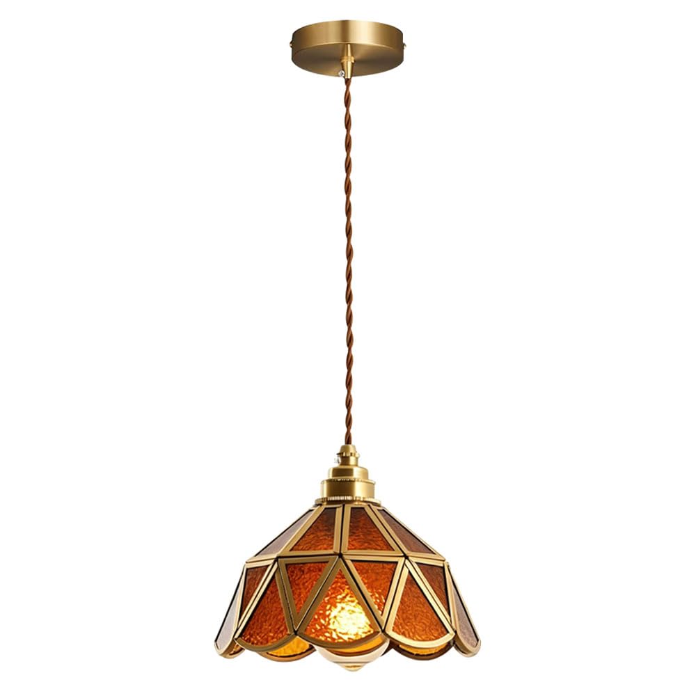 ZGDHWCR American Retro Style Copper Hanging Lamp, E26 Light Source Glass Pendant Light, Single Flush Mount Chandelier, Coffee Shop Living Room Bar Decoration Light Fixtures
