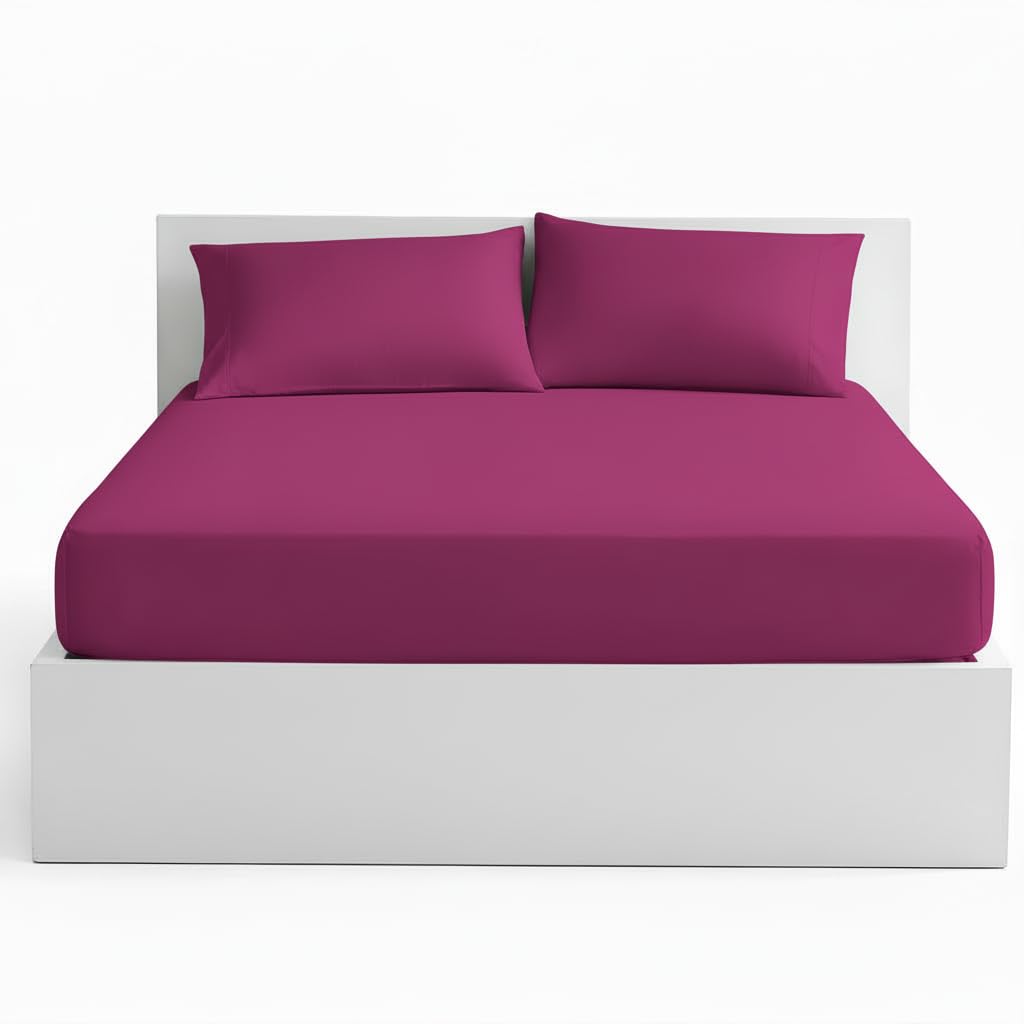 Linen Tribe Plain Dyed Fitted Sheets With Matching Pillow Cases 40cm (16inches) Deep Pocket Percale Non Iron Anti Allergy 2 Piece Bed Sheet Set (Fuchsia, Double)