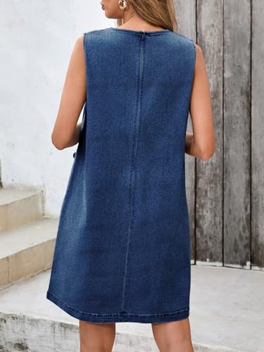 Image of Wenrine Womens Summer Jean Mini Dress Casual Sleeveless Crewneck Vintage Loose Denim Dresses