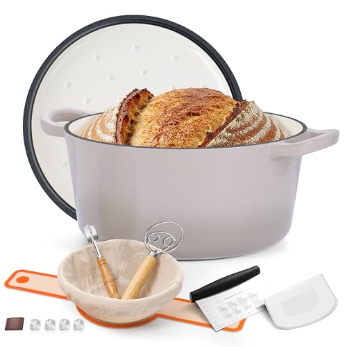 E-far Enameled Dutch Oven Pot for Bread Baking, 6QT Enameled Cast Iron Cookware with Self-Basting Lid & Sourdough Bread Baking Supplies, Heavy Duty Casserole Pot & Dual Handles-Khaki