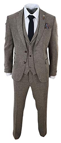 Mens Oak 3 Piece Tweed Suit Herringbone Wool Vintage Retro Fit Blinders