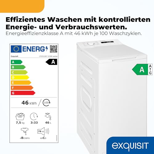 Exquisit Toplader Waschmaschine | 7,5 kg Kapazität, Energieklasse A, 1200 U/Min, 78 dB(A) | schmale Bauform, 15 Programme, Eco 40–60, Kurzprogramm, Startverzögerung, Aquastop | LTO51207-030A weiss
