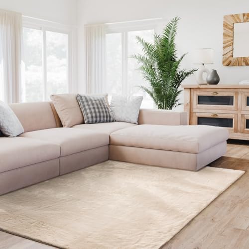 Interiyou Tapis Salon Fargo à Poils Ras - 120x170 Beige - Fausse Fourrure Douce - Lavable et antidérapant - Texture Moelleuse - pour Chambre, Bureau, Couloir