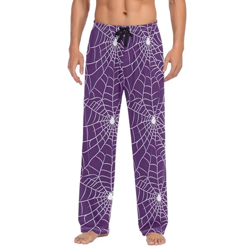 Men’s Halloween Spider Web Pajama Pants with Pockets, Comfortable Lounge Sleep Bottoms#439