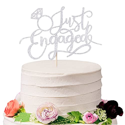 Sodasos Just Engaged Cake Topper for Engagement Party Decorations, Engaged Ring Sign,We're Engaged Cake Toppers (silver)