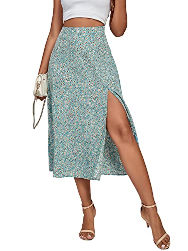 Image of LYANER Women's Casual Boho Printed High Waist Side Split Hem Zipper Midi Skirt