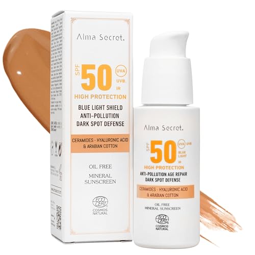 ALMA SECRET | Protector Solar Facial con Color SPF50 - Todo Tipo de Pieles Oscuras - Crema Hidratante Antiedad, Antimanchas y Oil-Free - Vegano - Ceramidas, Ácido Hialurónico - Golden - 50 ml