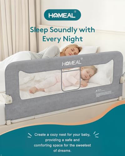 Image of HOMEAL Bed Rail for Toddlers, 32 inch Swing Down Bed Guard with Double Reinforced Stability, Foldable Metal Safety Rail for King, Queen, Full & Twin Beds, Grey