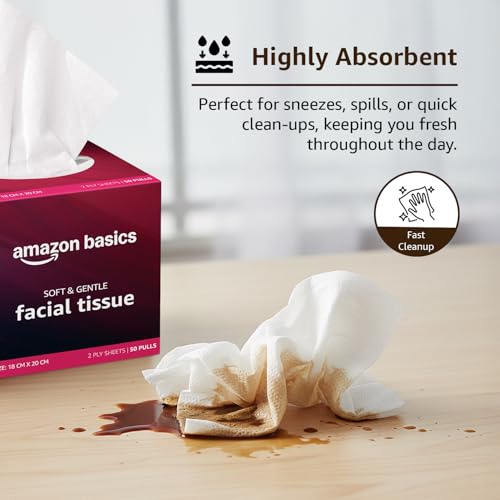 Image of Amazon brand- Amazon Basics 2-Ply Facial Tissue paper 200 pulls | 50 pulls x Pack of 4| Soft, Gentle & Absorbent| Chemical-Free